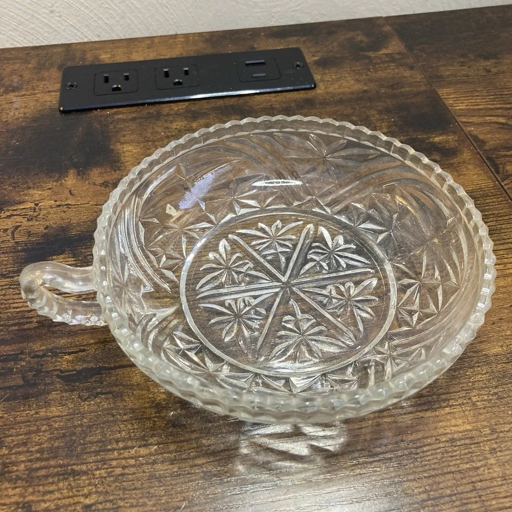 Pressed Glass Clear Handled Candy Dish Starburst Pattern Vtg